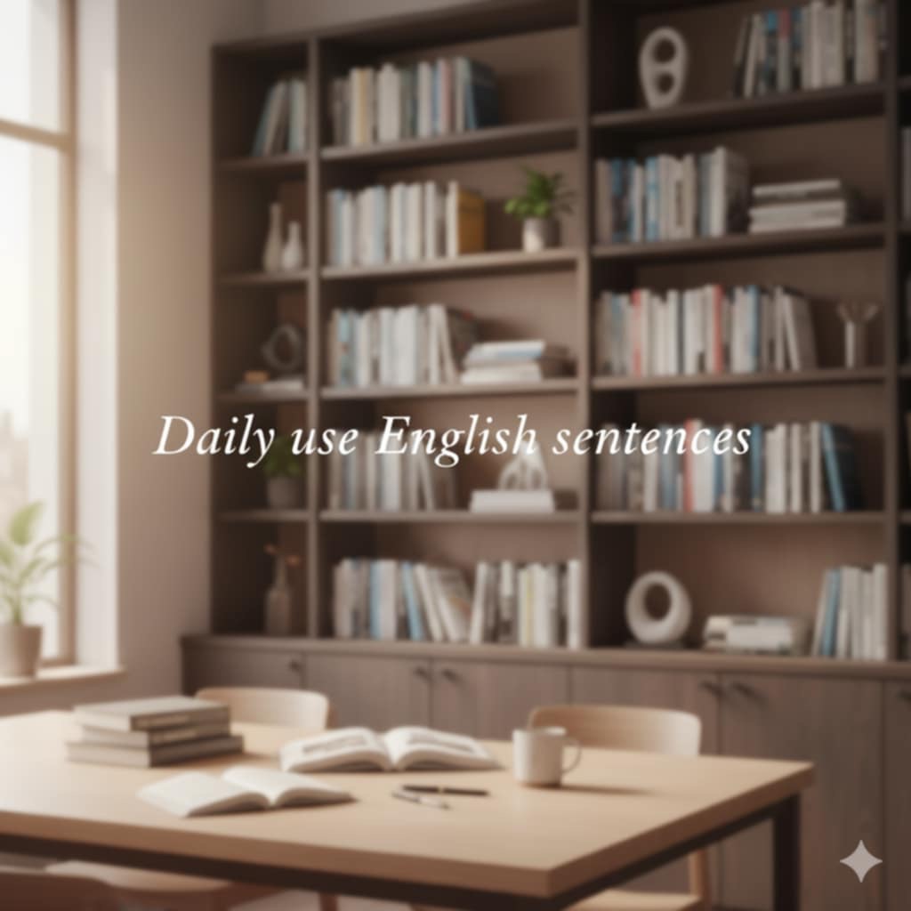 Cozy study space with bookshelf and "Daily use English sentences" text.