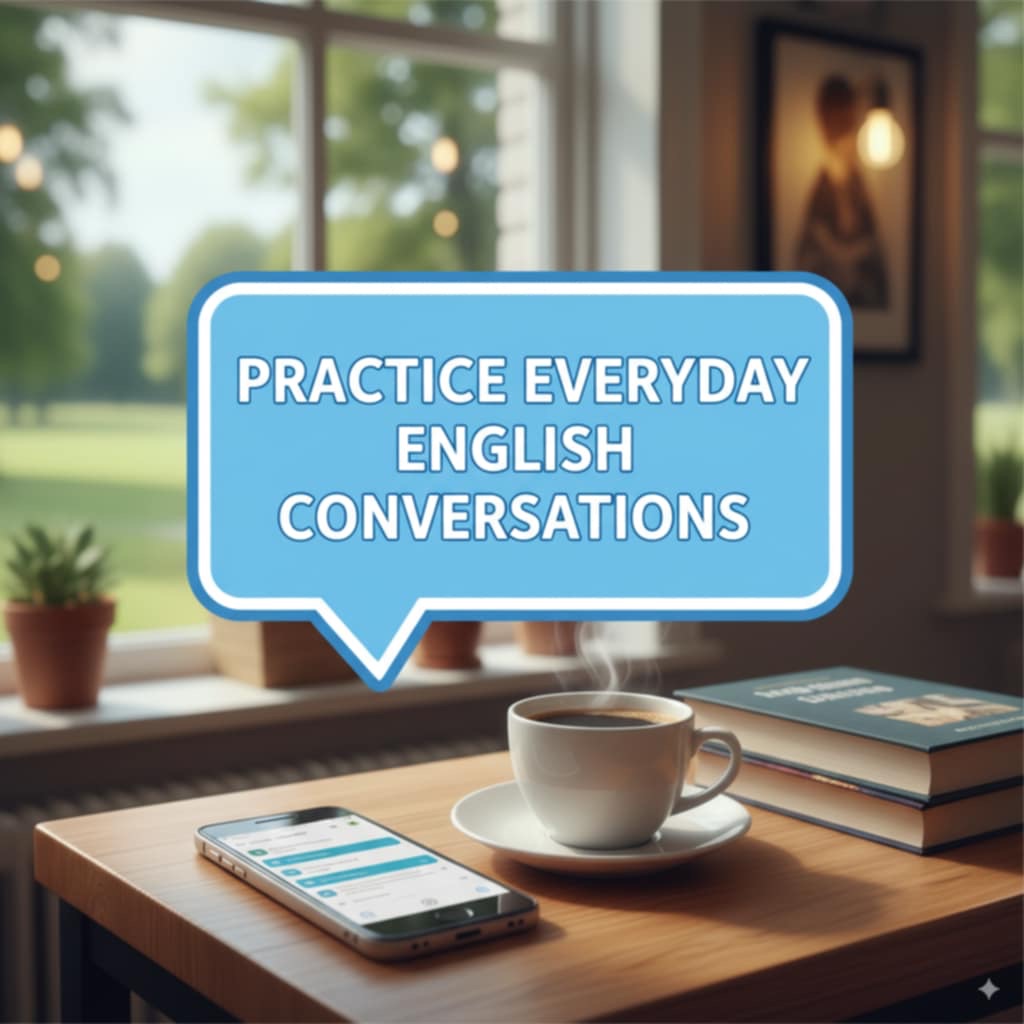 "A cozy table setup with a steaming cup of coffee, a smartphone displaying an app, and two books. A blue speech bubble above says 'PRACTICE EVERYDAY ENGLISH CONVERSATIONS'. The background shows a window with a view of trees and a grassy field."